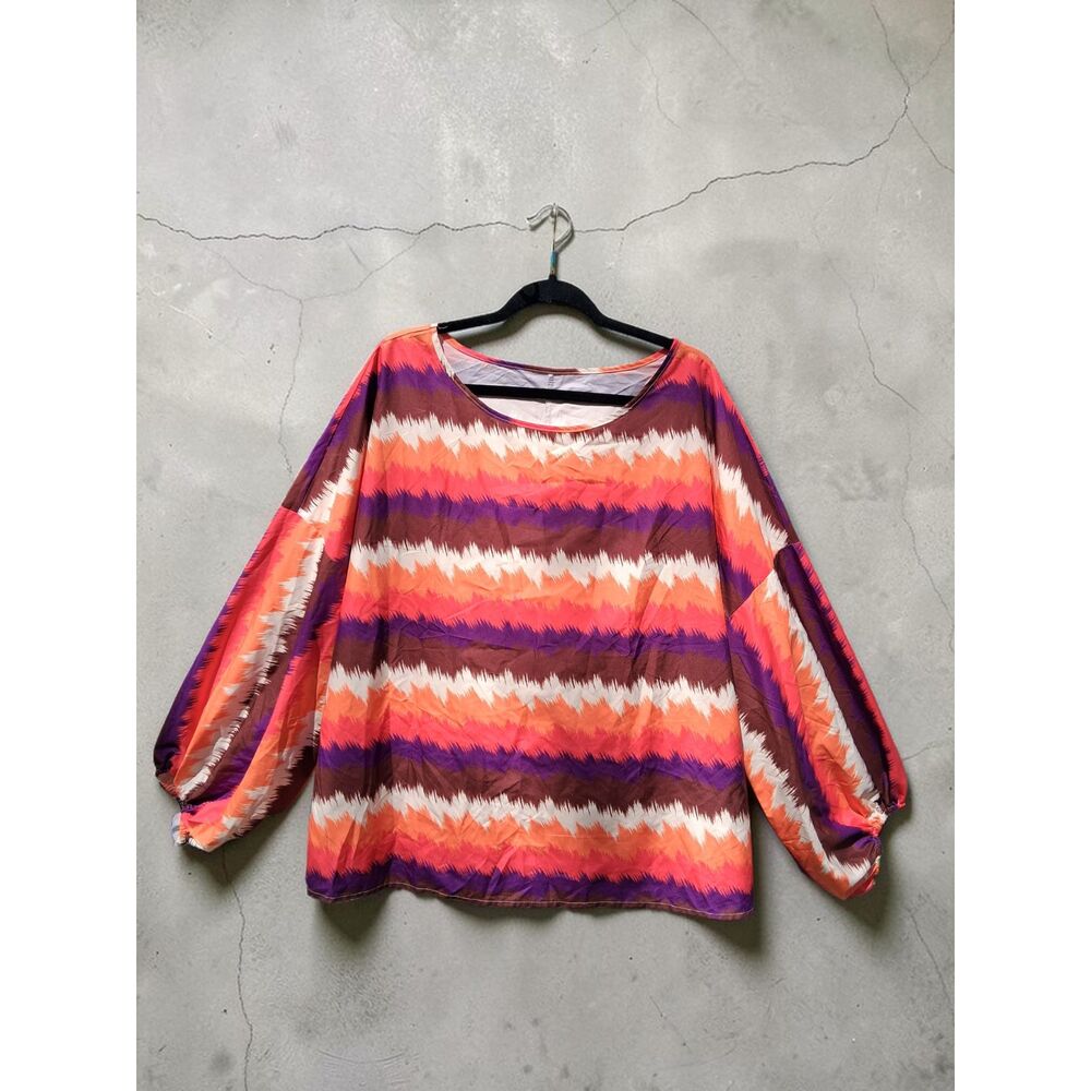 Plus Size 3X Bold Orange & Purple Ikat Zig Zag Puff Sleeve Blouse - Boho Tunic